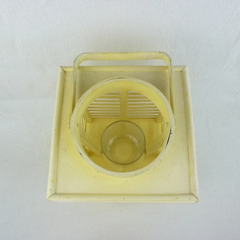 Vintage Yellow Wooden Slatted Lantern Candle Holder with‎ Glass Insert